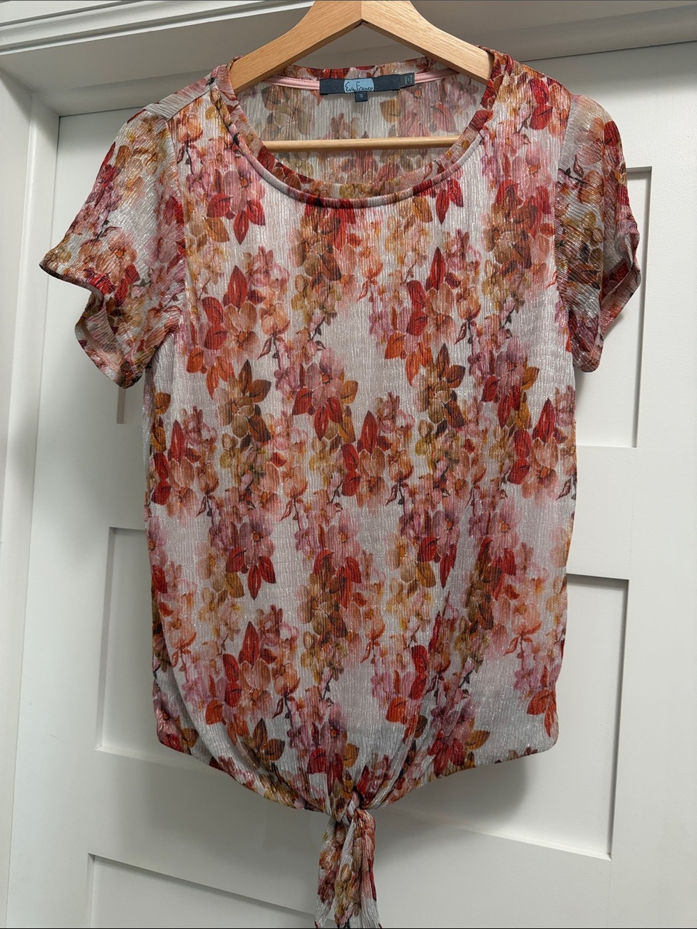 Eva Franco Floral Tie-Front Short Sleeve Top - Pink/Red size S